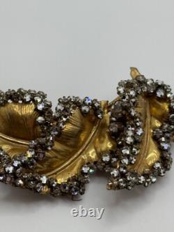 Vintage Miriam Haskell Signed Gold Tone Leaf Rhinestone Brooch