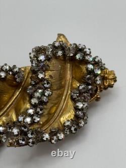 Vintage Miriam Haskell Signed Gold Tone Leaf Rhinestone Brooch