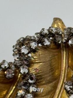 Vintage Miriam Haskell Signed Gold Tone Leaf Rhinestone Brooch