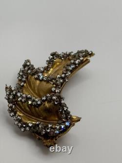 Vintage Miriam Haskell Signed Gold Tone Leaf Rhinestone Brooch
