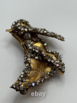 Vintage Miriam Haskell Signed Gold Tone Leaf Rhinestone Brooch