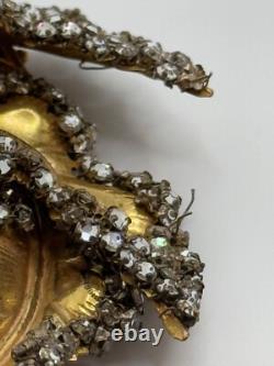 Vintage Miriam Haskell Signed Gold Tone Leaf Rhinestone Brooch