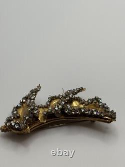 Vintage Miriam Haskell Signed Gold Tone Leaf Rhinestone Brooch