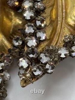 Vintage Miriam Haskell Signed Gold Tone Leaf Rhinestone Brooch