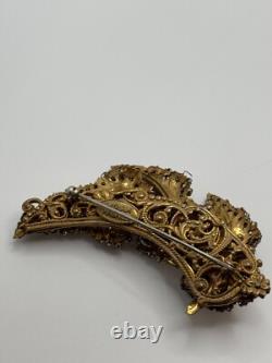 Vintage Miriam Haskell Signed Gold Tone Leaf Rhinestone Brooch