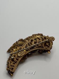 Vintage Miriam Haskell Signed Gold Tone Leaf Rhinestone Brooch