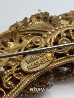 Vintage Miriam Haskell Signed Gold Tone Leaf Rhinestone Brooch