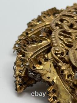 Vintage Miriam Haskell Signed Gold Tone Leaf Rhinestone Brooch