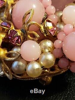 Vintage Miriam Haskell Signed Pink Glass Seed Pearl Prong Set Rhinestone Brooch