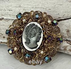 Vintage Miriam Haskell or Austrian Cameo Russian Gold Rhinestone Brooch Pin #52