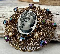 Vintage Miriam Haskell or Austrian Cameo Russian Gold Rhinestone Brooch Pin #52