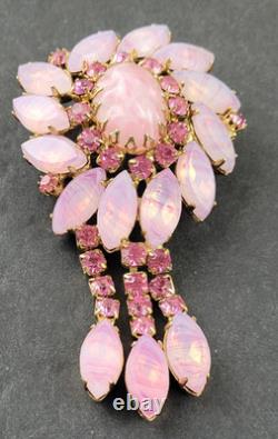 Vintage Molded Pink Art Glass Rhinestone Dog Tooth Prong Dangle Brooch Unsigned