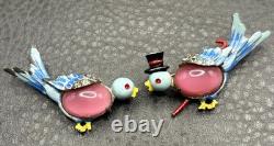 Vintage Mr & Mrs Bluebird Brooch Pin Set Enamel Rhinestone Moon glow Cabochons
