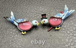 Vintage Mr & Mrs Bluebird Brooch Pin Set Enamel Rhinestone Moon glow Cabochons