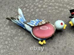 Vintage Mr & Mrs Bluebird Brooch Pin Set Enamel Rhinestone Moon glow Cabochons