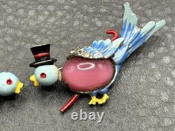 Vintage Mr & Mrs Bluebird Brooch Pin Set Enamel Rhinestone Moon glow Cabochons