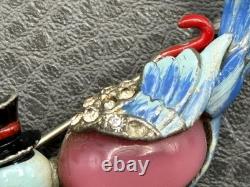 Vintage Mr & Mrs Bluebird Brooch Pin Set Enamel Rhinestone Moon glow Cabochons