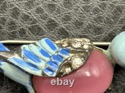 Vintage Mr & Mrs Bluebird Brooch Pin Set Enamel Rhinestone Moon glow Cabochons