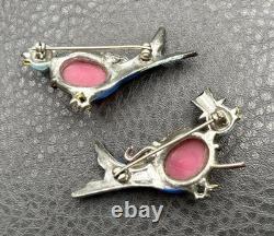 Vintage Mr & Mrs Bluebird Brooch Pin Set Enamel Rhinestone Moon glow Cabochons