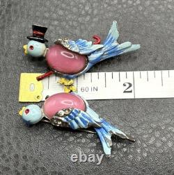 Vintage Mr & Mrs Bluebird Brooch Pin Set Enamel Rhinestone Moon glow Cabochons