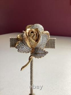 Vintage Nettie Rosenstein Pave Rhinestone Rose Brooch Signed Gold Tone Designer