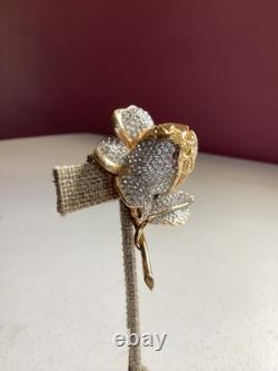 Vintage Nettie Rosenstein Pave Rhinestone Rose Brooch Signed Gold Tone Designer