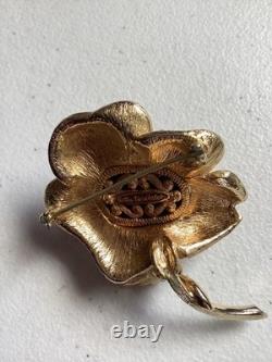 Vintage Nettie Rosenstein Pave Rhinestone Rose Brooch Signed Gold Tone Designer