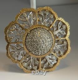 Vintage Nettie Rosenstein Rhinestone Dome Floral Brooch Two Tone Gold Silver