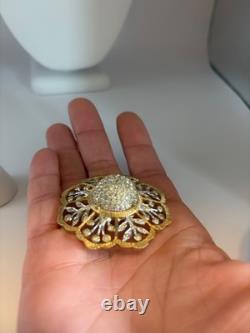 Vintage Nettie Rosenstein Rhinestone Dome Floral Brooch Two Tone Gold Silver