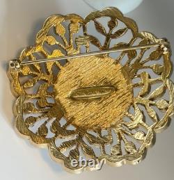 Vintage Nettie Rosenstein Rhinestone Dome Floral Brooch Two Tone Gold Silver