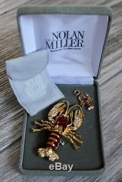 Vintage Nolan Miller Red Rhinestone Bar Harbor Lobster Pin Brooch & Charm Set 2
