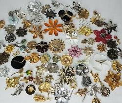 Vintage Now Flower Brooch 75 Piece Lot Enamel Metal Rhinestones Lucite Brooches