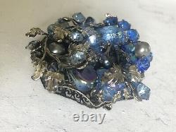 Vintage ORIGINAL BY ROBERT Brooch Large Glass Bead Lava Blue Rhinestones
