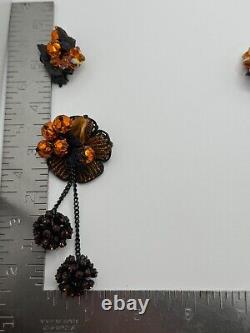 Vintage Original By Robert Signed Japanned Rhinestone Dangle Brooch Earrings Set