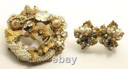 Vintage Original Robert Rhinestone Pearl Floral Wreath Brooch Pin Earrings Set