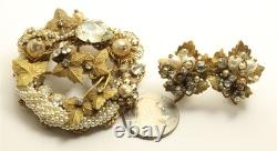 Vintage Original Robert Rhinestone Pearl Floral Wreath Brooch Pin Earrings Set