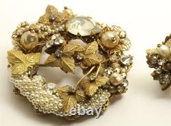 Vintage Original Robert Rhinestone Pearl Floral Wreath Brooch Pin Earrings Set