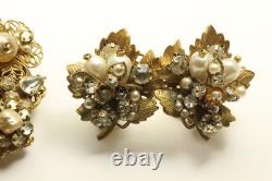 Vintage Original Robert Rhinestone Pearl Floral Wreath Brooch Pin Earrings Set