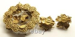 Vintage Original Robert Rhinestone Pearl Floral Wreath Brooch Pin Earrings Set