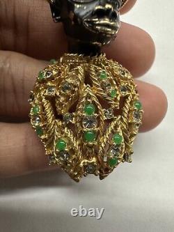 Vintage Ornate Blackamoor Nobleman Brooch Green & White Crystal Goldtone Pin obo