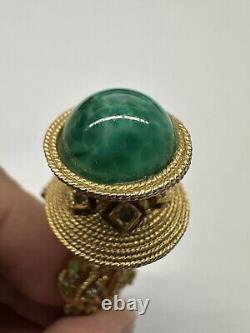 Vintage Ornate Blackamoor Nobleman Brooch Green & White Crystal Goldtone Pin obo