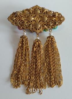 Vintage Ornate Rhinestone Glass Cabochons Dangle Chains Pin Brooch