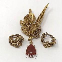 Vintage Oscar de la Renta Leaf Brooch and Clip Earring Set Goldtone Rhinestones
