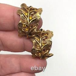 Vintage Oscar de la Renta Leaf Brooch and Clip Earring Set Goldtone Rhinestones