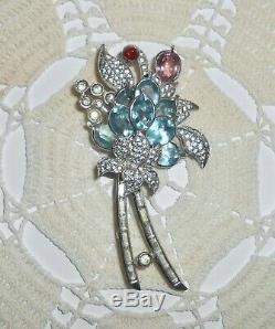 Vintage PENNINO Signed Rhinestone Flower Brooch Pin Bezel Set Crystal Baguette