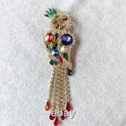 Vintage Parrot Bird Brooch Vitrail Rivoli Rhinestone Dangle Pin Juliana-Style