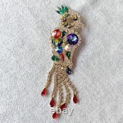 Vintage Parrot Bird Brooch Vitrail Rivoli Rhinestone Dangle Pin Juliana-Style