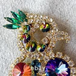 Vintage Parrot Bird Brooch Vitrail Rivoli Rhinestone Dangle Pin Juliana-Style