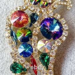 Vintage Parrot Bird Brooch Vitrail Rivoli Rhinestone Dangle Pin Juliana-Style