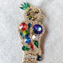 Vintage Parrot Bird Brooch Vitrail Rivoli Rhinestone Dangle Pin Juliana-Style